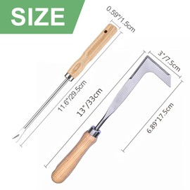Weed Remover Tool - 2 PCS Patio Garden Weeding Puller with Serrated Edge, Wood Handle Stainless Steel Weed Tool Set with Root Picker, L-Shaped Weed Puller for Greenbelt Farm Removing Moss Dandelion