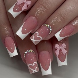 SEMATA Acrylic French Tip Press on Nails Medium Long Square Fake Nails Press Ons with Glue 24Pcs Rhinestones Artificial Pink Cute Stick on Nail with Designs Bow Heart Glue on False Nail for Girls