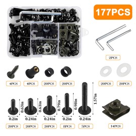Motorcycle Fairing Bolt Kit, 177PCS Aluminium Alloy M5 M6 Motorbike Windscreen Washers Nuts Screws Fastener Clips Kit, Motorcycle Windshield Screw Set, Universal for Sportbike (Black)
