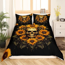 Homewish Boho Skull Bedding Set King Size,Sunflower Duvet Cover Set 3Pcs,Exotic Botanical Comforter Cover for Kids Girls Boys Adult Bedroom Decor,Trippy Boho Style Quilt Cover,2 Pillowcases