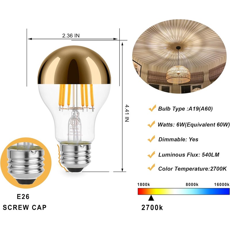 Half Chrome Light Bulbs,Half Gold Tipped Dimmable 6W (Equivalent 60Watt)