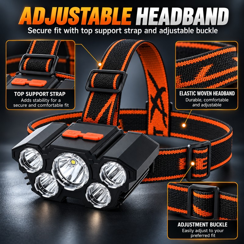 5 LED Rechargeable Headlamp, USB Charging Head Light with Adjustable