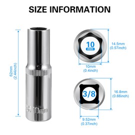 6-Piece 10mm Deep Sockets, 3/8-Inch Drive, 6-Point, 2.44'' Length, Corrosion Resistance, Compatible with Standard Ratchet Wrenches and Tools