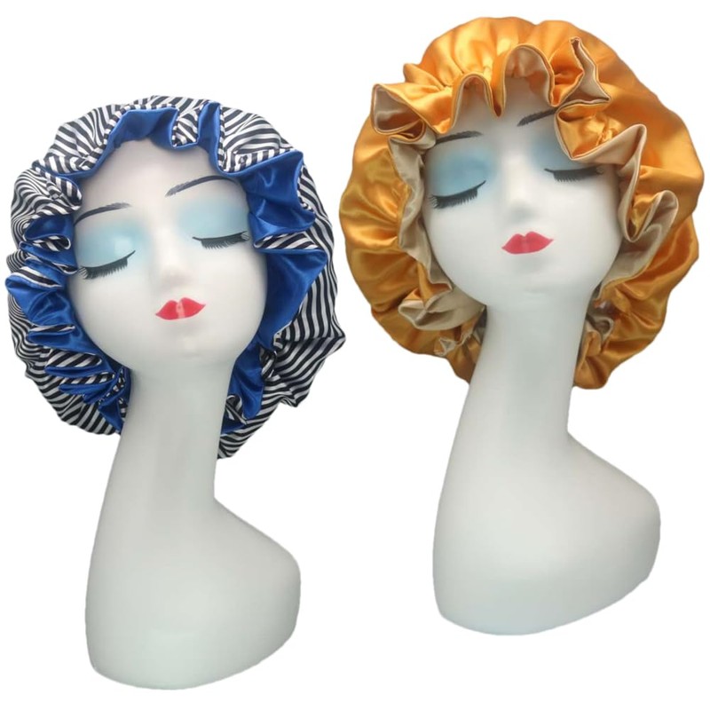 Hanbertti 2 Packs Double Layers Satin Sleeping Bonnet Adjustable Satin
