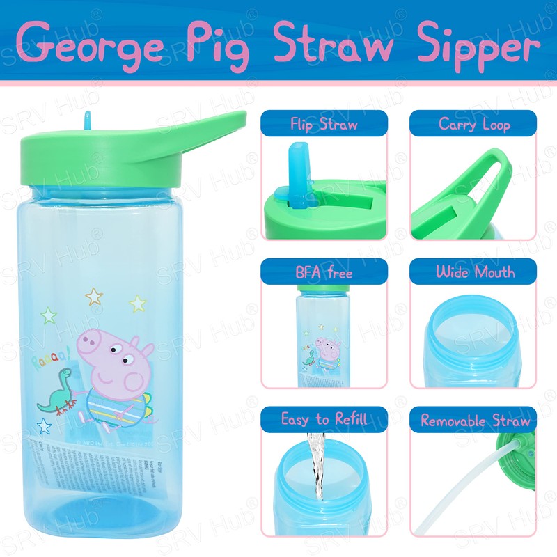 Kids Water Bottle with Straw, 420ml George Pig Plastic Water