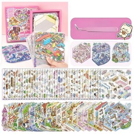 20 Sets DIY 3D Stickers Scene Boxed Suit,Cartoon Animal 3D House Stickers Book Make You Own Mini House Scene Reusable and Waterproof Sticker for Adult Kids Relief Stress Pass The Time