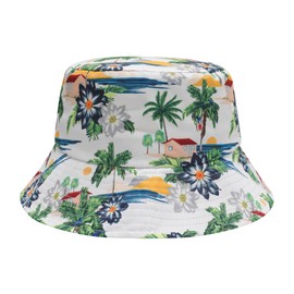ZLYC Unisex Cute Print Bucket Hat Summer Fisherman Cap(Tropical Village White),One Size