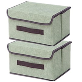 NCRGB Pack of 2 Fabric Foldable Storage Boxes with Lid, 26 x 19 x 16 cm, Fabric Storage Container with Lid, Wardrobe Organiser for Clothes Storage, Room Organisation, Light Green
