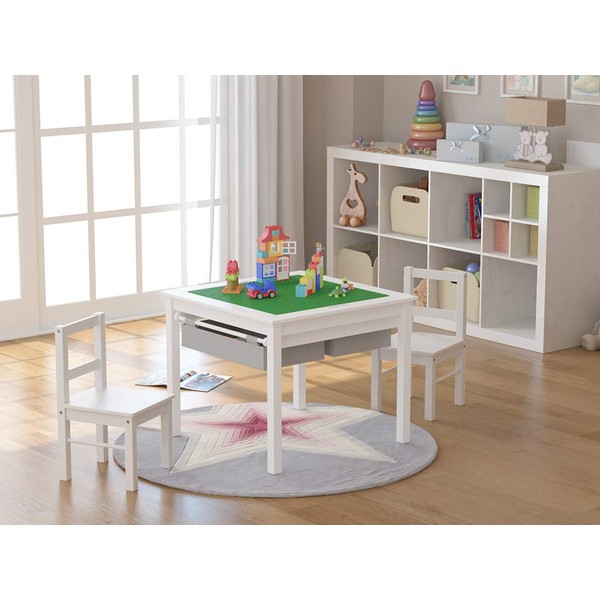 UTEX 2-in-1 Kids Multi Activity Table and 2 Chairs Set with Storage (White)
