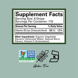 CHILDLIFE ESSENTIALS Vitamin D3 Drops - Vitamin D Drops for Infants, Baby Vitamin D Drops, Liquid Vitamin D for Kids, Toddlers 1-3, Children, 500 IU Per Serving - Natural Berry, 1 Fl Oz (Pack of 3)