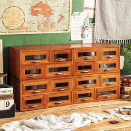 ILWorkTLs 16 Drawers Wooden Storage Box,Desktop Storage Cabinet with Handles,Stackable Countertop Drawer Organizer,Brown