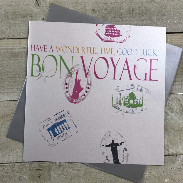 WHITE COTTON CARDS Large Bon Voyage, Have a Wonderful Time, Good Luck Hand Decorated Card, XN40