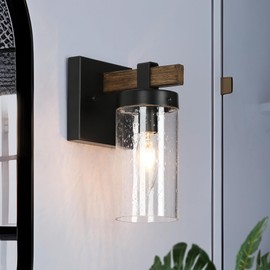 GEPOW Sconces Wall Lighting, 1-Light Black and Faux Wood Wall Sconce Light, Modern Bedroom Bathroom Wall Sconces Indoor with Seeded Glass Shade