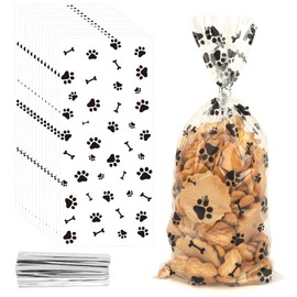 200 PCS Pet Paw Print Cellophane Bags, Dog Print Cellophane Treat Bags, Dog Treat Bag, Plastic Candy Cookie Gift Bag with 200 Silver Twist Ties for Dogs Birthday Party Favors Decorations, Black
