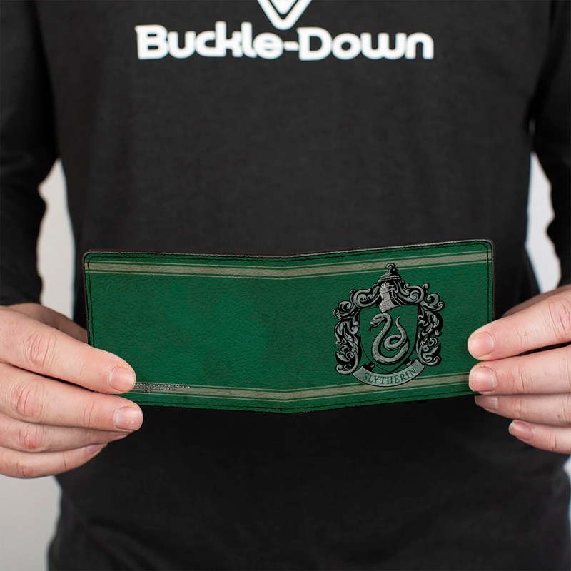 Buckle Down Men's Wallet Slytherin Crest/stripe6 Weathered Greens/Grays Bi-Fold, Multi,