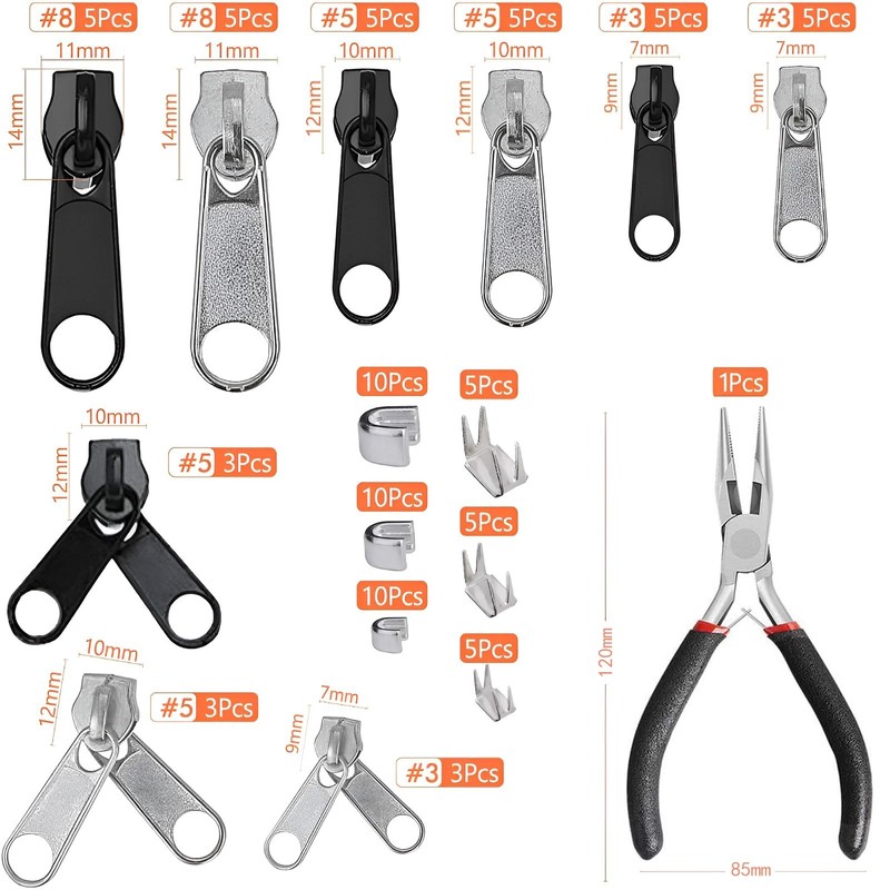 85 Piece Zip Repair Set, Replacement Zippers Zip Repair Kit