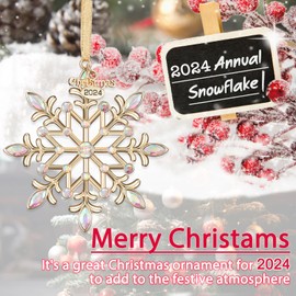 VIVIKEN Christmas Snowflake Ornaments 2024 Decor for Christmas Tree Metal Hanging Rhinestones Glitter Crafts Snow Flake Decorations Indoor for Holidays Winter Home Window Room Door-Gold