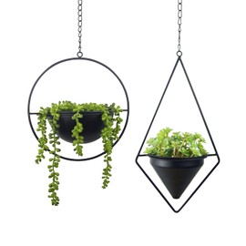 Metal Hanging Planters, Modern Plant Hanger with Pots, Set of 2 Black Plant Holders in Diamond and Round Shape, Small Wall and Ceiling Planter for Indoor Plants, Home Décor- Black