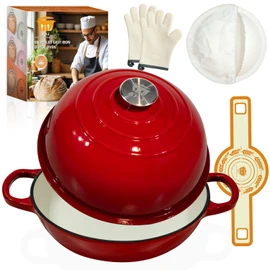 AHJ 6QT Dutch Oven For Bread Baking, Enameled Cast Iron Dutch Oven Pot with Lid, Multi-Functional Bread pan, Sourdough Baking Supplies with Proofing Basket, Cast Iron Bread Oven, Silicone Sling & Gloves.