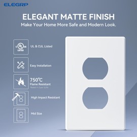 ELEGRP Matte White 1-Gang Screwless Duplex Wall Plates, Mid-Size Unbreakable Thermoplastic Faceplate Cover for Duplex & Combination Receptacle Wall Outlet & Toggle Switch, UL Listed (10 Pack)