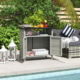 Outsunny Wicker Outdoor Storage Cabinet, Rattan Outdoor Bar Table with 2 Doors and Shelf, Outdoor Buffet Cabinet Sideboard with Metal Slatted Countertop for Poolside, Patio, Backyard, Gray