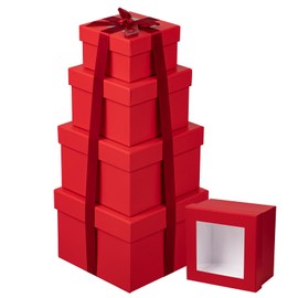 Briful Set of 4 Square Gift Box with Ribbon, Red Gift Boxes with Clear Lids, Cardboard Gift Boxes for Presents, Small Storage Boxes Assorted Sizes, Suitable for Gifts Crafting Packaging Box