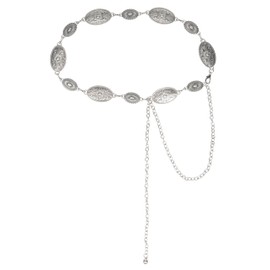GorhDonhl Women Western-Concho-Belt Vintage Boho Chain Belt Cowgirl-Metal-Belts for Dress Jeans (Engraved - Silver, Length 51.1" (29.5"+extended chain 21.6"))