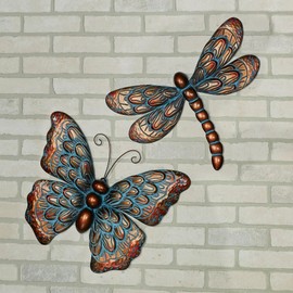 Summer Beauties Butterfly and Dragonfly Metal Wall Art Set of Two | Hand-Finished in Metallic Copper and Blue | Charming Garden-Inspired Wall Art Sculpture Set of 2 | Indoor or Outdoor Year-Round Use