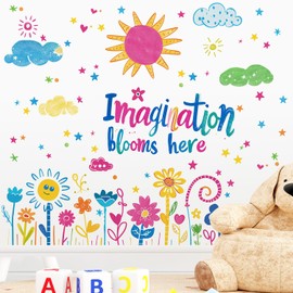 RAINBOW WSK Imagination Inspirational Kids Wall Decals Clouds Sun Flowers Stars Wall Stickers Peel and Stick Educational Quotes Wall Decor for Kids Nursery Classroom Daycare School Decor MSGC014