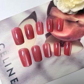 Pink Press on Nails Short Square Fake Nails Cat Eye Glue on Nails Glossy Glitter Acrylic Nails Simple Artificial Translucent False Nails Reusable Stick on Nails for Women 24 Pcs