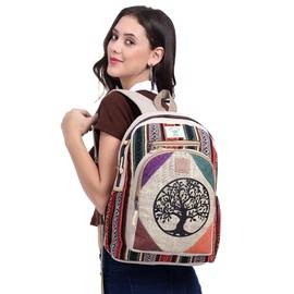 KayJayStyles Natural Handmade Large Multi Pocket Hemp Nepal Backpack (Tree Of Life)