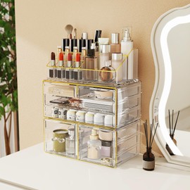 Delamu 3pc 6-Drawer Makeup Organizer Countertop Bathroom Counter Organizer for Vanity | Skincare | Perfume | Lipstick Storage, Casual Pairing No Assembly, Ideal Gift for Women, Clear with Gold Trim