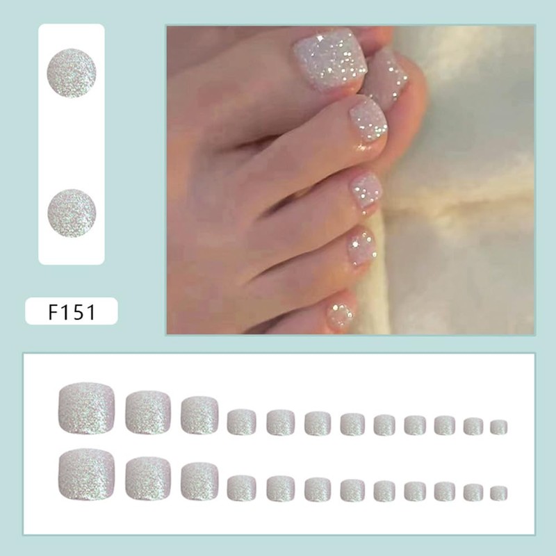 Viwind Short Press on Toenails-Silver Glitter