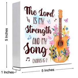 Bible Verse Wood Sign, The Lord is My Strength and My Song Christian Wood Block Sign, Scripture Decor for Desk, Shelf, Tabletop Home Office