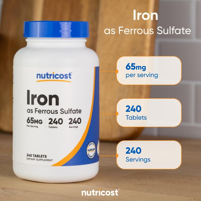Nutricost Iron (As Ferrous Sulfate) 65mg, 240 Tablets - Non-GMO,