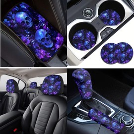 Cxdvotvy Flowers Car Seat Cover Full Set for Women, 16 Pcs Skull Car Front Rear Seat Cover Steering Wheel Cover Center Console Cover Seatbelt Cover Car Headrest Cover and Cup Coaster