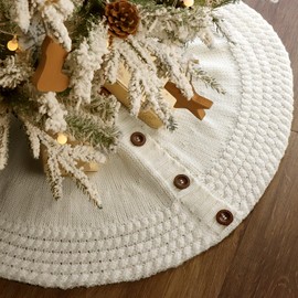 LimBridge Knitted Christmas Tree Skirt: 36 Inch Cream 5-Circle Edge Chunky Crochet Tree Skirt with Round Wood Buttons, Annual Rings Christmas Tree Decorations for Merry Christmas Home Décor Party