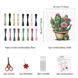 FREEBLOSS Cross Stitch Set with Cactus Stamp, Cross Stitch Wall Hanging for Adults with Instructions Pure Cotton Cloth for Beginners 45 x 45 cm Without Frame
