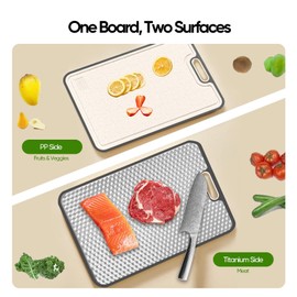Titanium Cutting Board, Double Sided Medical-grade, Pure Titanium/Wheat straw PP Large Chopping Boards with Juice Groove Cutting Pads for Meat, Vegetables and Fruits