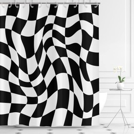Hnmdmyi Shower Curtain Black and White Groovy Chessboard 180 x 200 cm, 70s Retro Modern Abstract Psychedelic Groovy Wavy Aesthetic Hippie Funky Waterproof Polyester Fabric Washable Bath Curtain