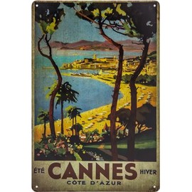 Historical Retro Vintage Tin Sign with Souvenir Travel Motif, Holiday, Adventure, Holiday Decorative Sign, 30 x 20 cm (Cannes, France)