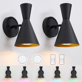 HEQIQEH Modern Battery Powered Wall Sconces Light Set of 2 with Flared Funnel Metal Shade, 13 RGB Remote Control Dimmable Adjustable Wall Mounted Lamp for Galleries, Hallway, Bedroom, Hotels