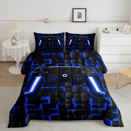 Erosebridal Gamer Full Comforter Set for Boys Blue Gaming Kids Bedding Set Geometric Game Console Comforter for Teen Video Game Room Decor 3 Piece Neon Lights Gamepad Lightweight Bed Comforter Set