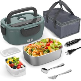WisaKey Green Electric Lunch Box Food Heater 80W Heated LunchBox for Adults, 12V 24V 110V 220V Lunch Warmer Portable for Work Car Truck Jobsite Work with 304 Stainless Steel Container Christmas Gift
