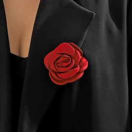 Rrdaily Dainty Satin Fabric Rose Flower Brooches Lapel Pins for Women,Vintage Elegant Silk Camellia Flower Safety Brooch Hair Clip Pins Shawl Clips Clothes Accessories Wedding Party Gift (Red)