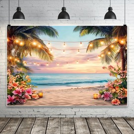Leowefowa 10x8ft Hawaiian Beach Backdrop Summer Ocean Sunset Seaside Scenery Photography Background Tropical Flower Palm Tree Aloha Wedding Birthday Party Luau Portrait Photoshoot Props