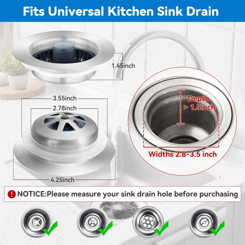 Fozite Upgraded 3-in-1 Kitchen Sink Drain Strainer, Stainless Steel Pop