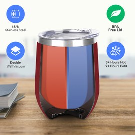 DOMICARE Vaso de vino de acero inoxidable a granel con tapa, juego de vasos aislados personalizados, tazas de café de viaje de 12 onzas, paquete de 4, rojo