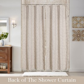 MitoVilla Tan Boho Double Swag Shower Curtain, Polyester Linen Fabric Shower Curtains for Farmhouse Bathroom Decor, Brown Cloth Shower Curtain Set with Hooks, 72 x 72