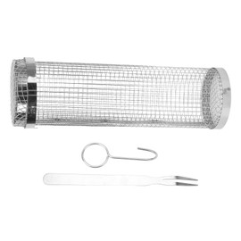 BBQ Net Tube Rolling Grilling Basket Stainless Steel Wire Mesh Cylinder Grill Basket with Fork Hook for Outdoor Barbecue 20cm/7.9in